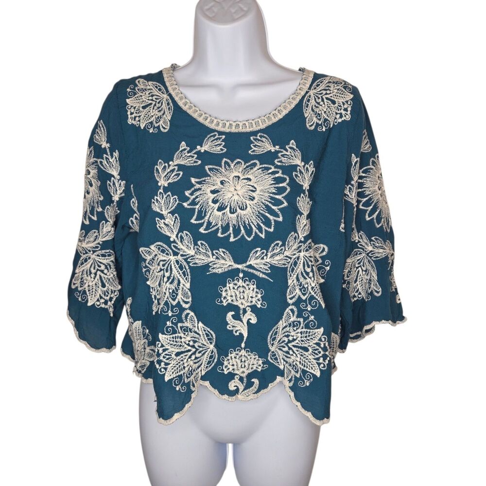 Solitaire Boho Floral Embroidered Scalloped Crop Blouse Teal Blue XL Peasant
